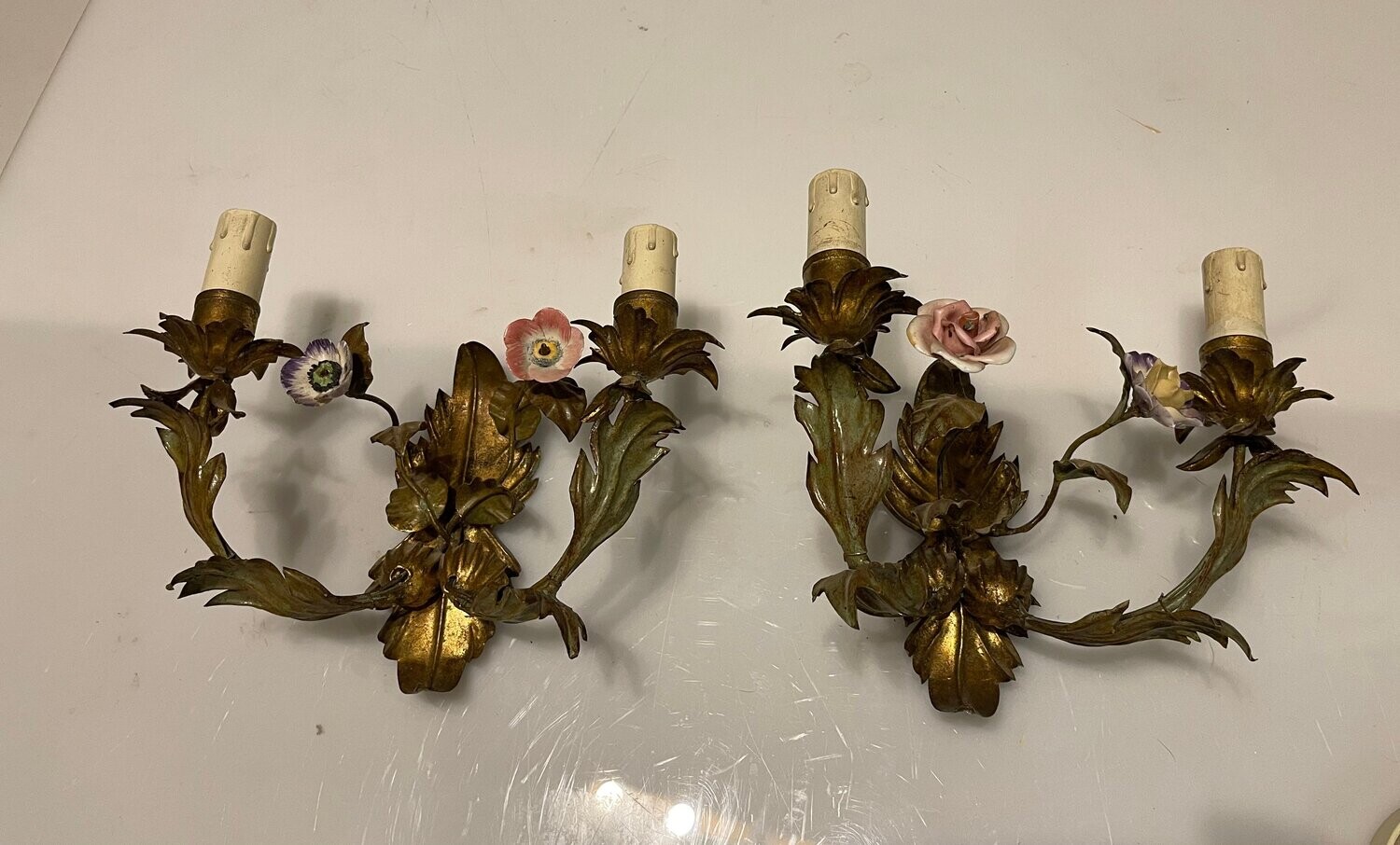 Italian Tole Sconces with Ceramic Summer Flowers, 1960s , Set of 2