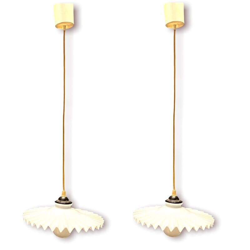Opaline Pleated Glass Light Pendants, Set of 2