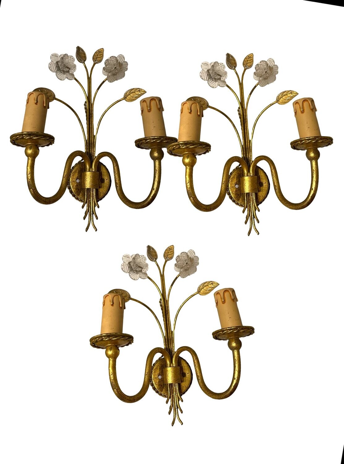 Italian Murano Glass Gold Gilded Sconces, Set of 3