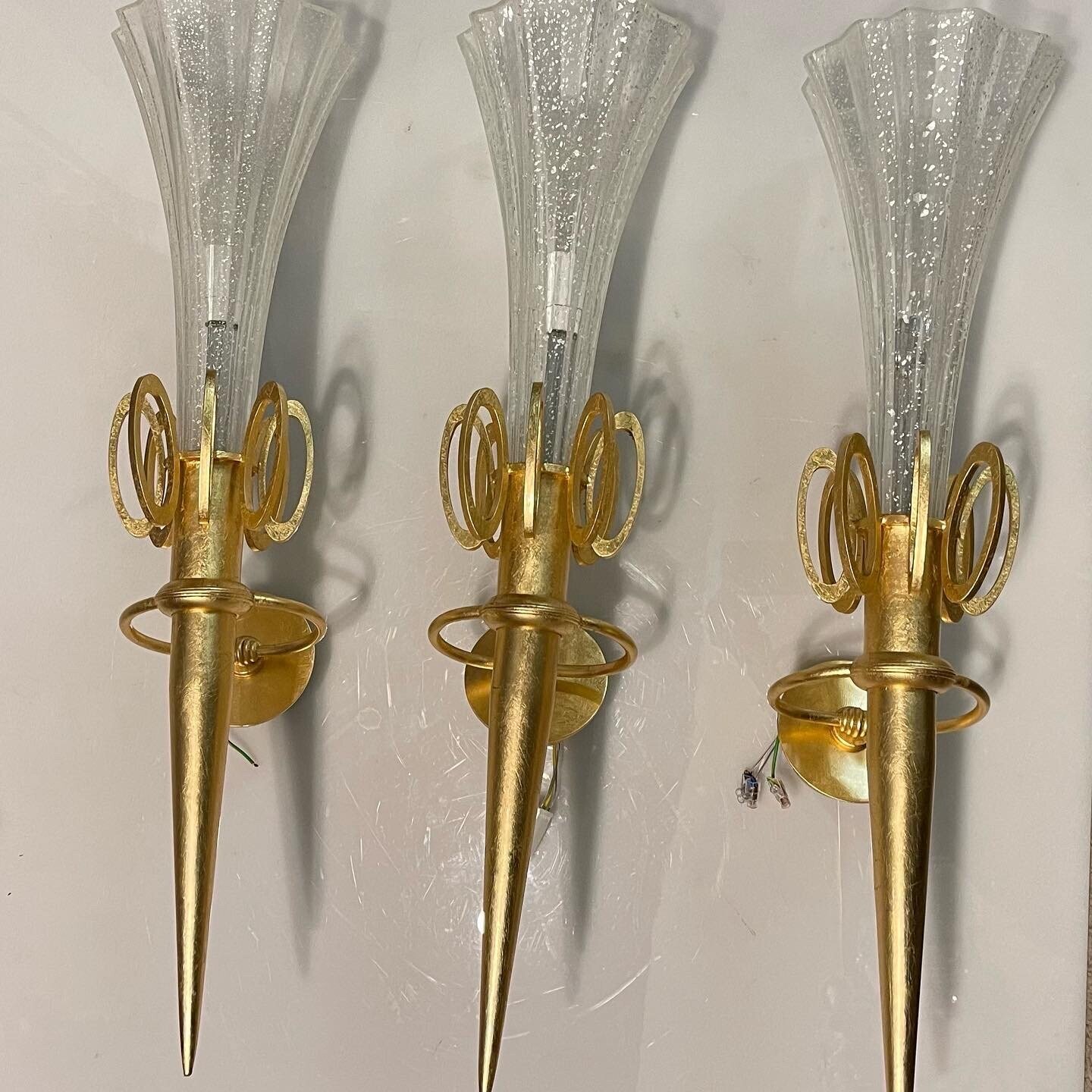 Large Gold Gilded Murano Glass Sconces, Set of 3