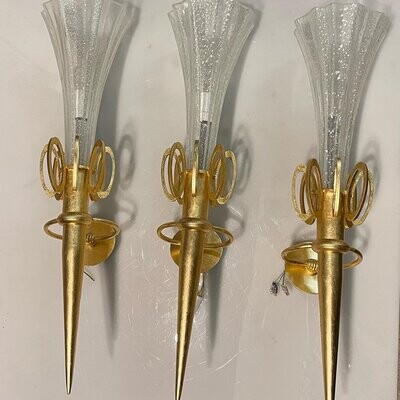 Large Gold Gilded Murano Glass Sconces, Set of 3