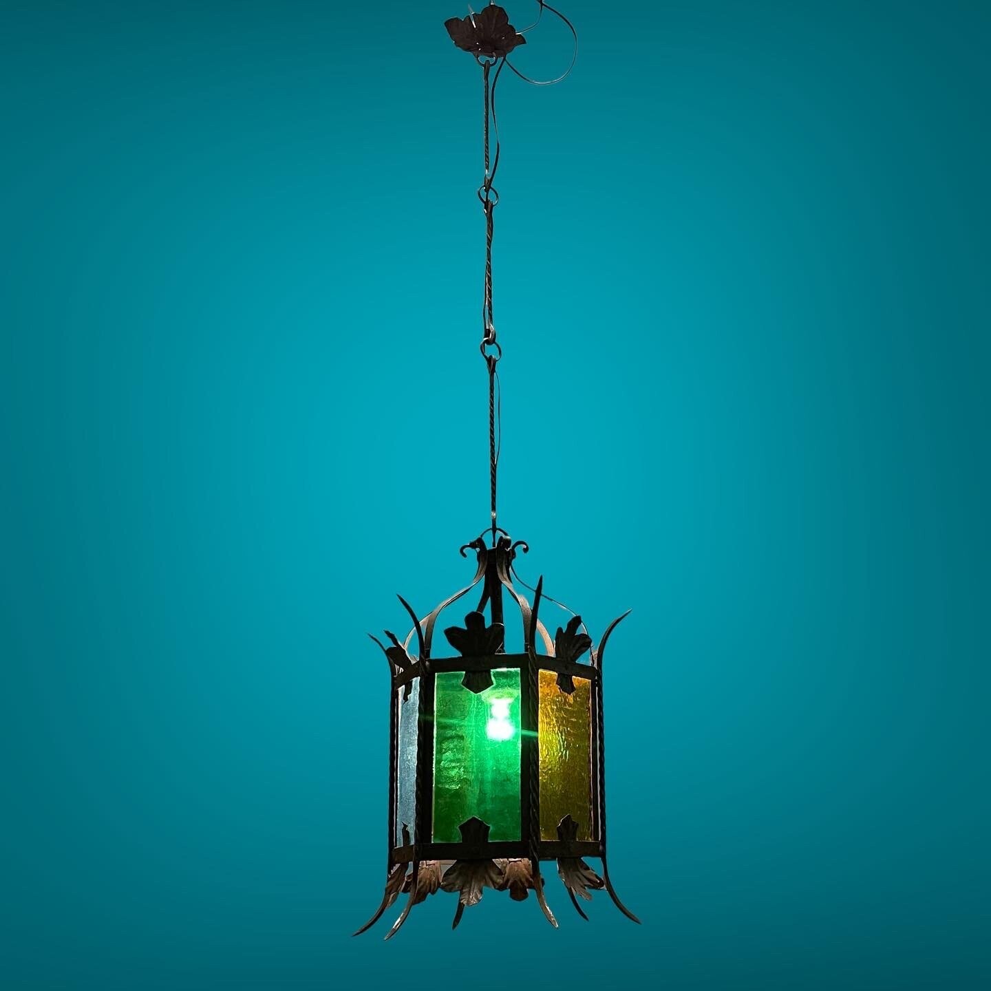 Italian Light Pendant in Wrought Iron and Glass
