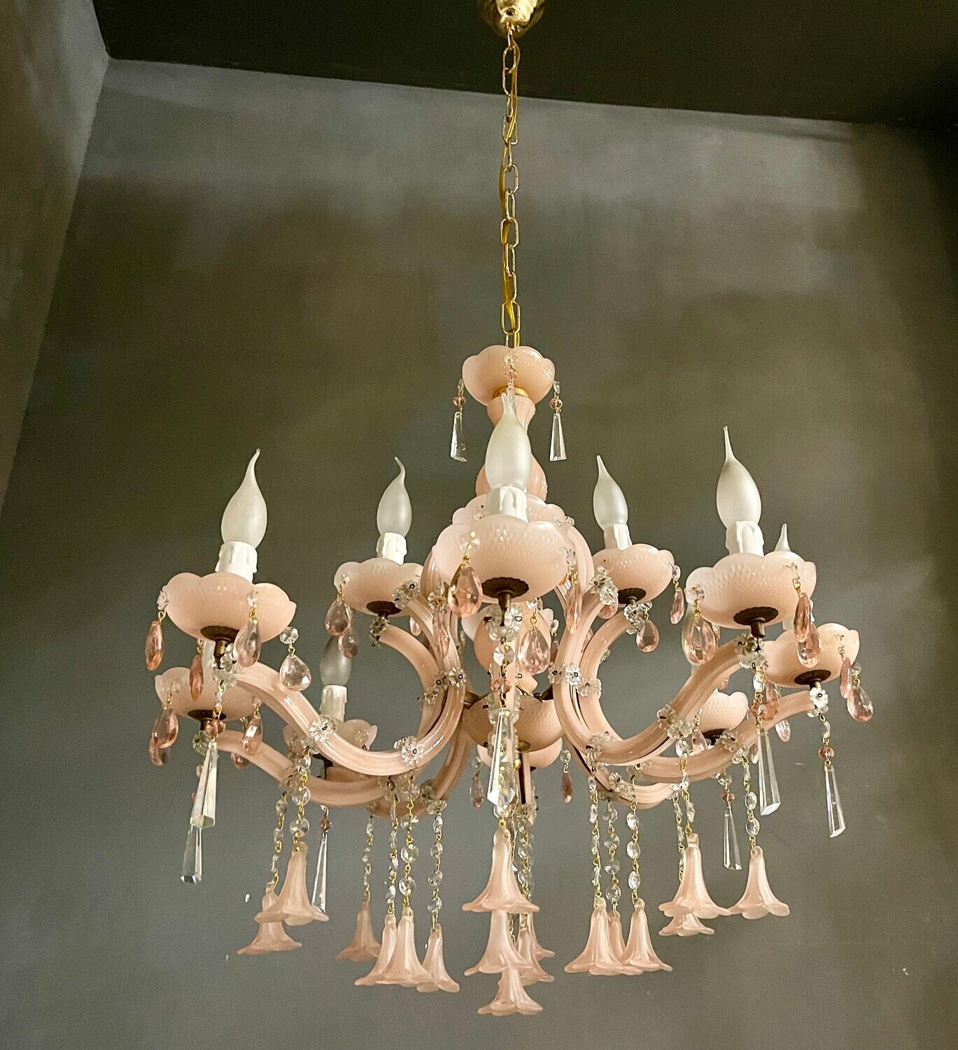Vintage Italian Pink Opaline Murano Glass Chandelier