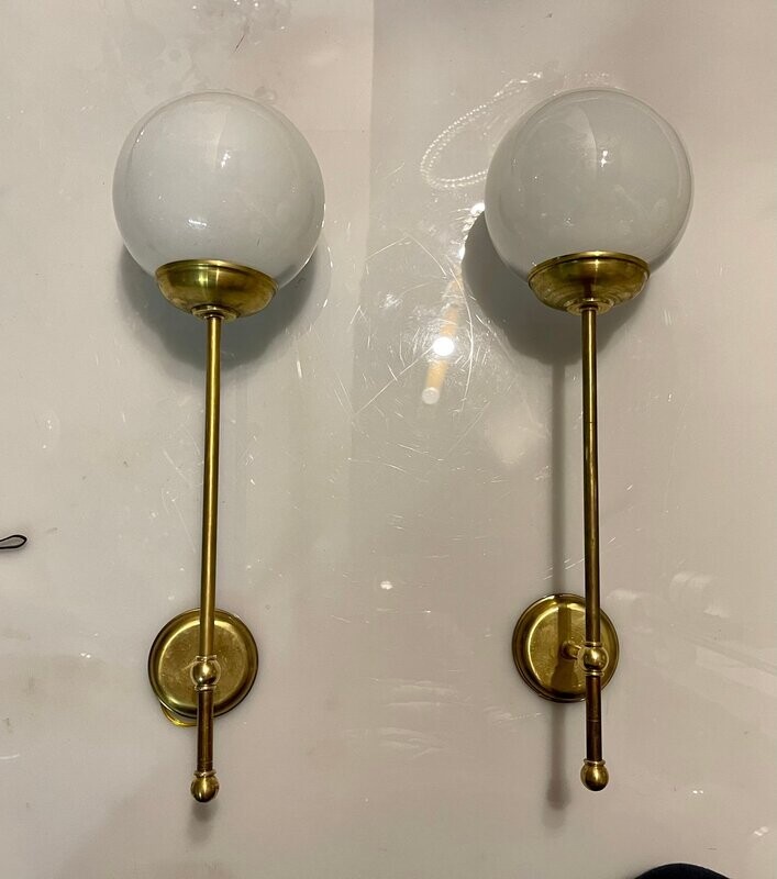 Italian Brass Opaline Glass Wall Lights, Set of 2