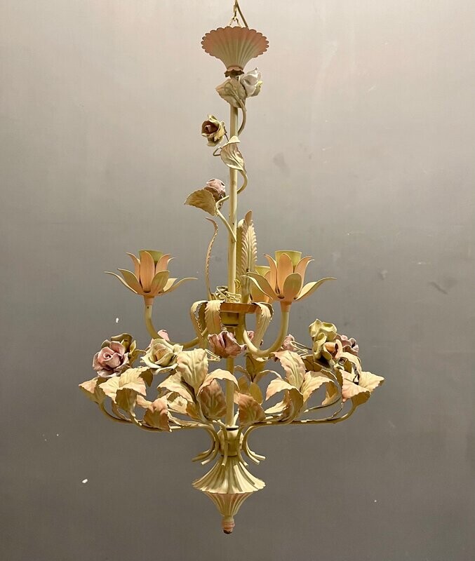 Italian Tole and Ceramic Rose Chandelier