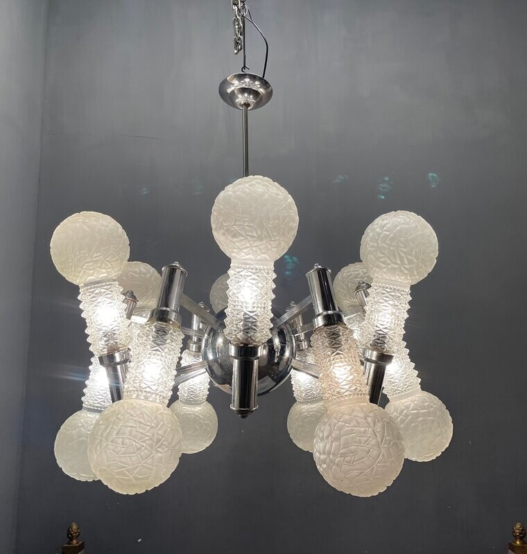 Large Chrome Space Age Sputnik Glass Chandelier, 1970s