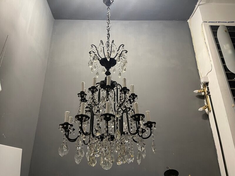 Large Wrought Iron Crystal Chandelier, 1920s