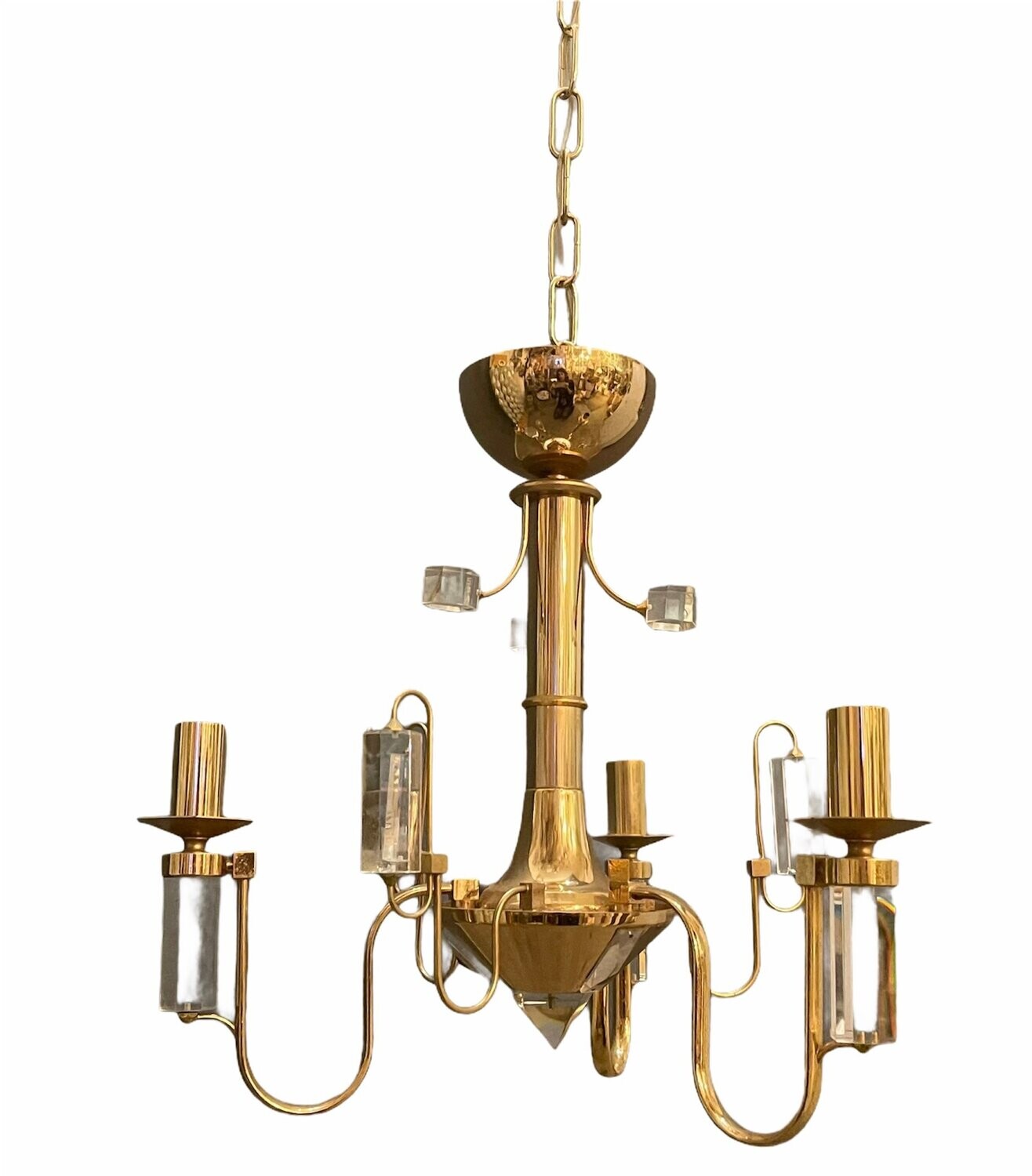Mid-Century Brass &amp; Crystal Chandelier