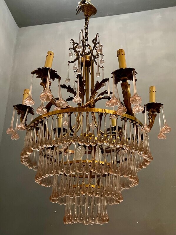 Large Vintage Pink Murano Glass Flower &amp; Drop Chandelier