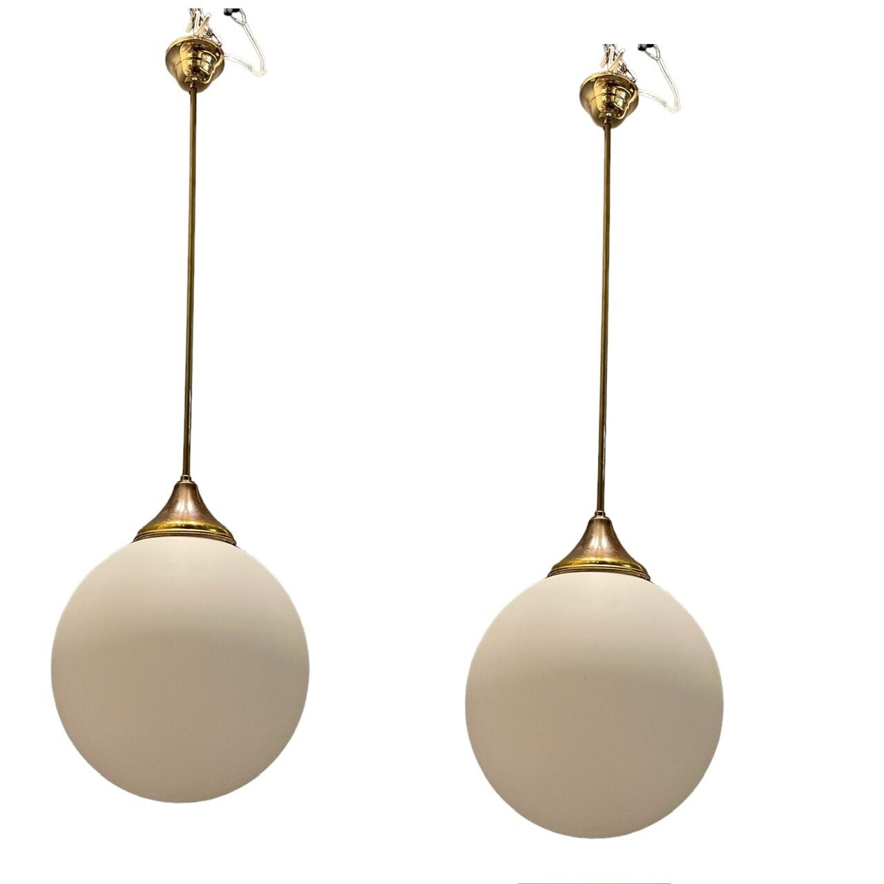 Italian Opaline Glass Sphere Pendant Lights, 1970s, Set of 2