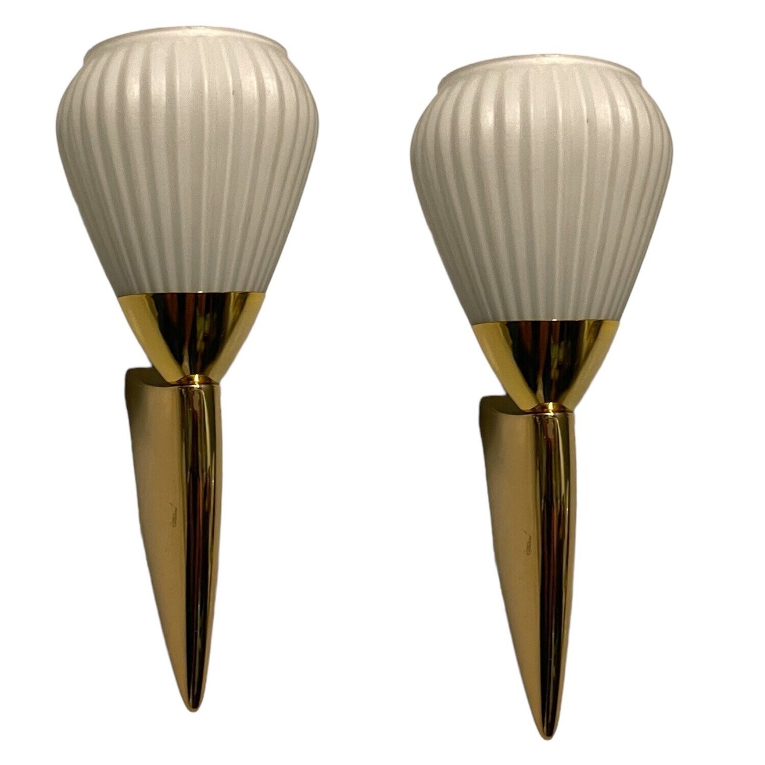 Opaline Glass Pleated Brass Sconces, 1980s, Set of 2
