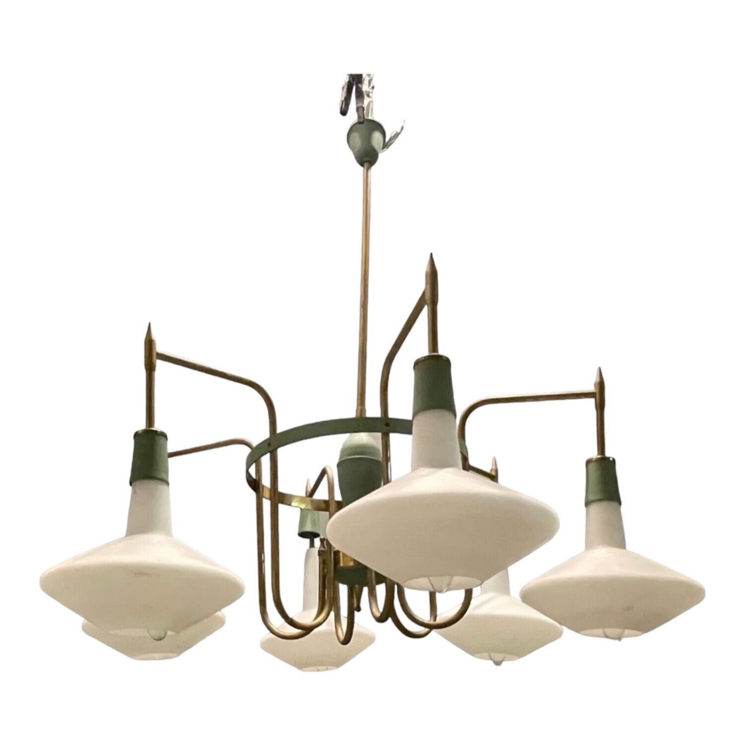 Italian Opaline Glass and Brass Chandelier from Stilnovo, 1950s