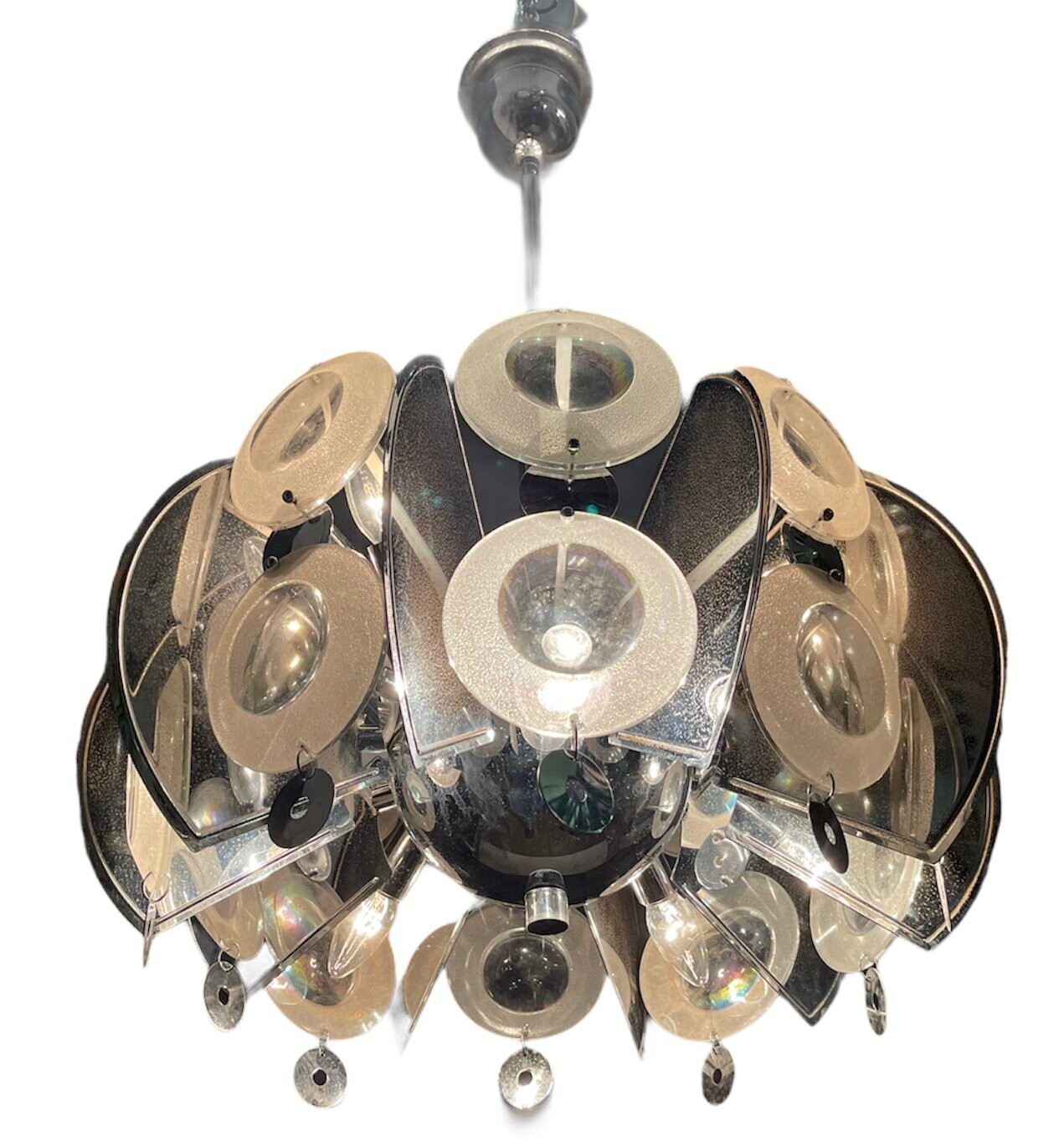 Large Chrome &amp; Glass Lens Chandelier by Oscar Torlasco, 1970s