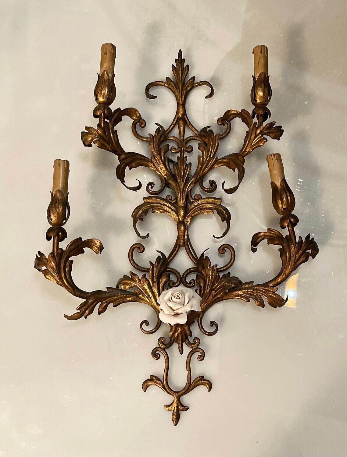 Large Gold Gilded Florentine Sconces, 1960s, Set of 2