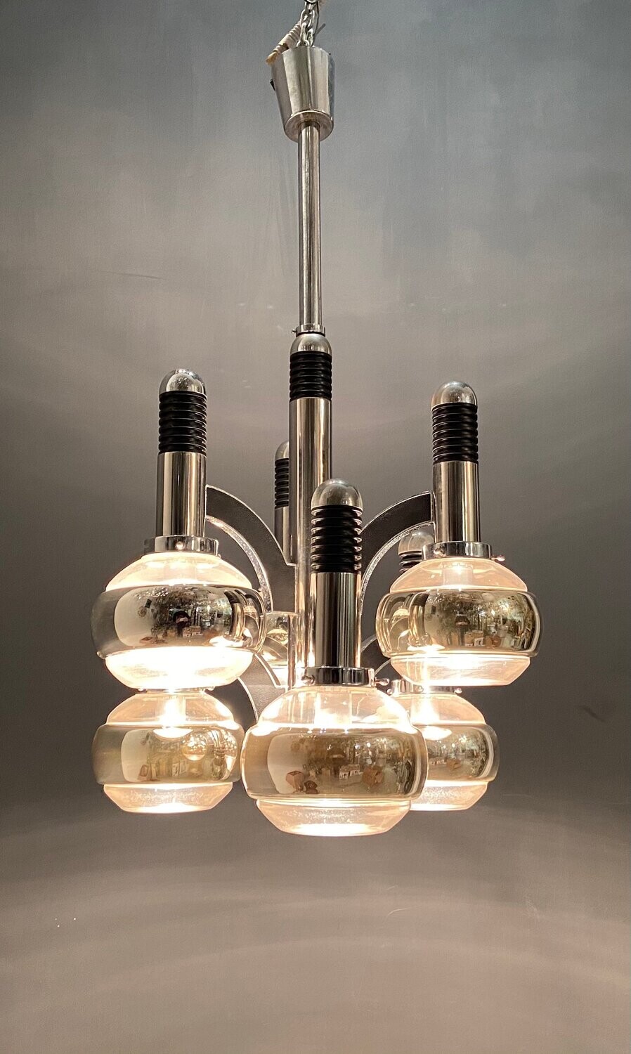 Chrome &amp; Glass Chandelier, 1970s