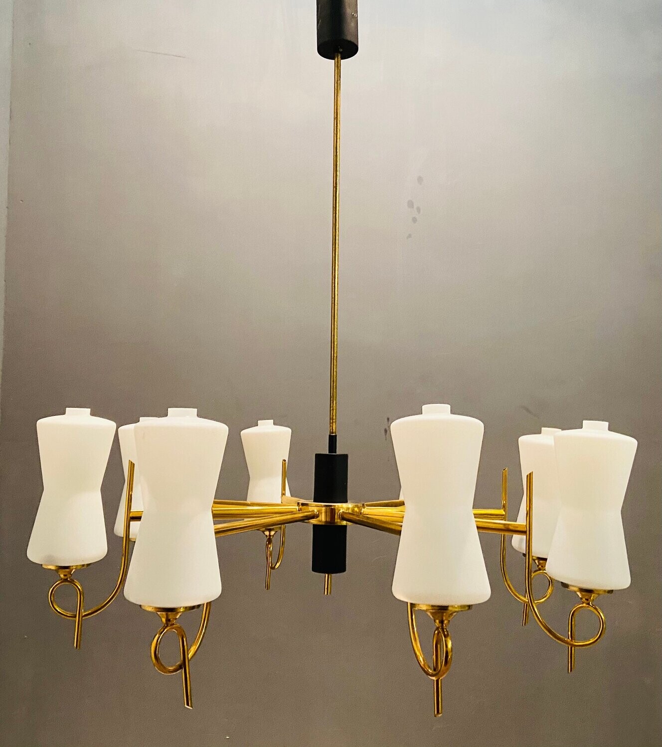 Large Brass Chandelier with Opaline Glass Shades from Stilnovo, 1950s