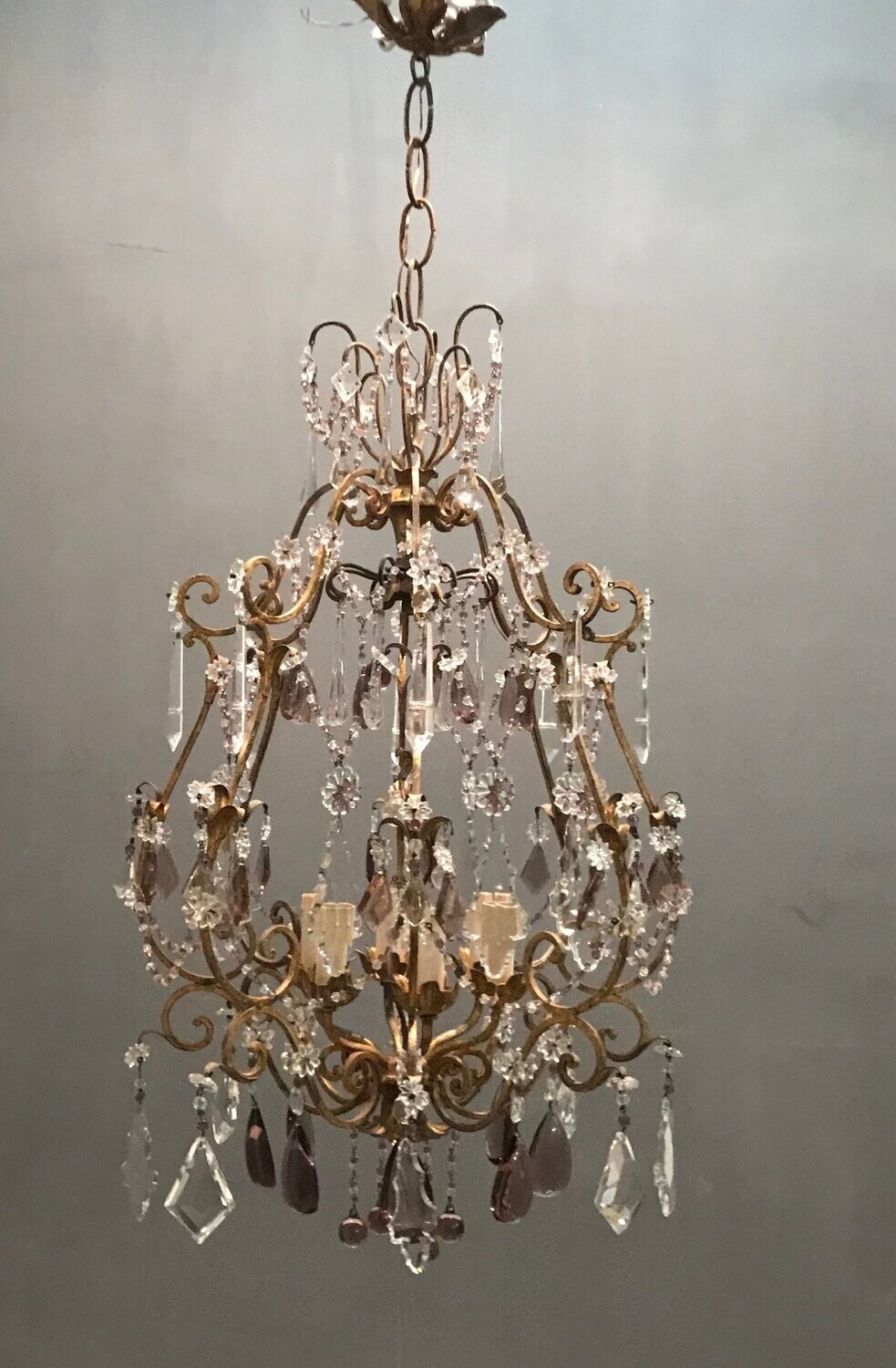 Large Vintage Crystal Beaded Chandelier with Murano Glass Drops