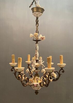 Vintage Italian Bronze Ceramic Chandelier by Antonio Zen for Le Ceramiche di Nove e Bassano, 1950s