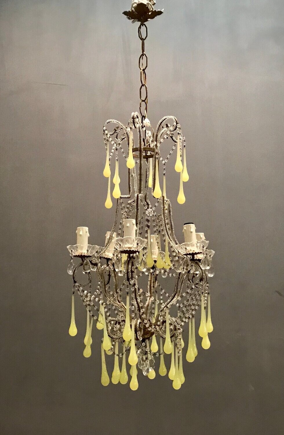 Light Green Opaline Crystal Beaded Chandelier, 1940s