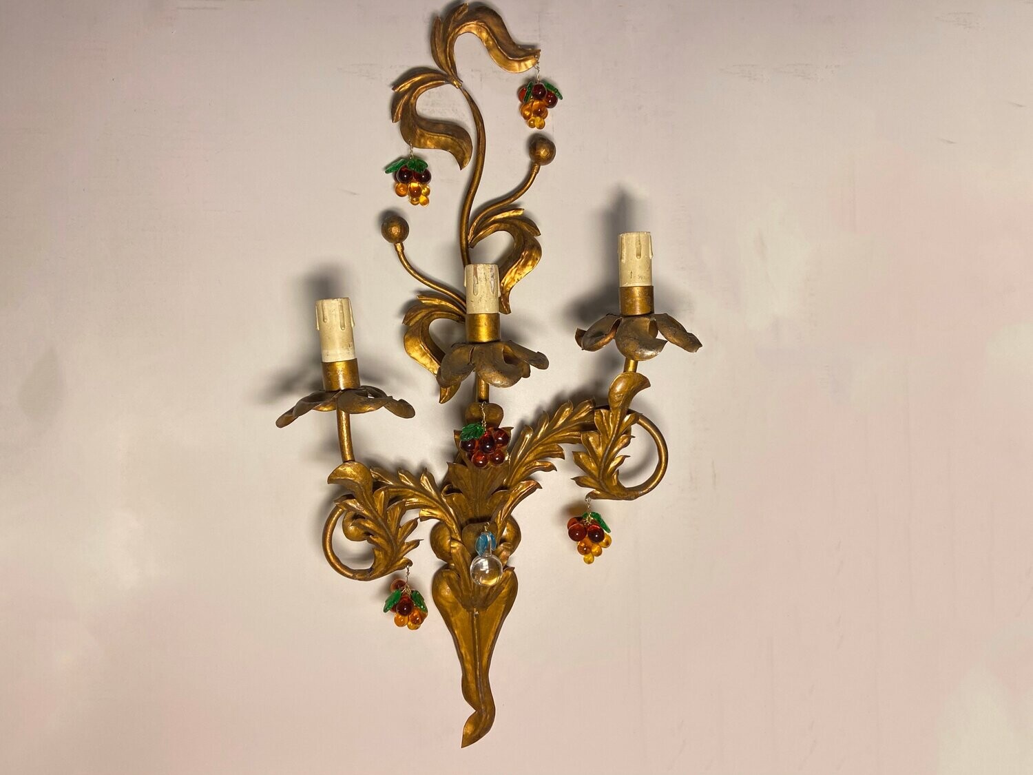 Large Gold Gilded Murano Glass Fruit Sconces, 1950s, Set of 2