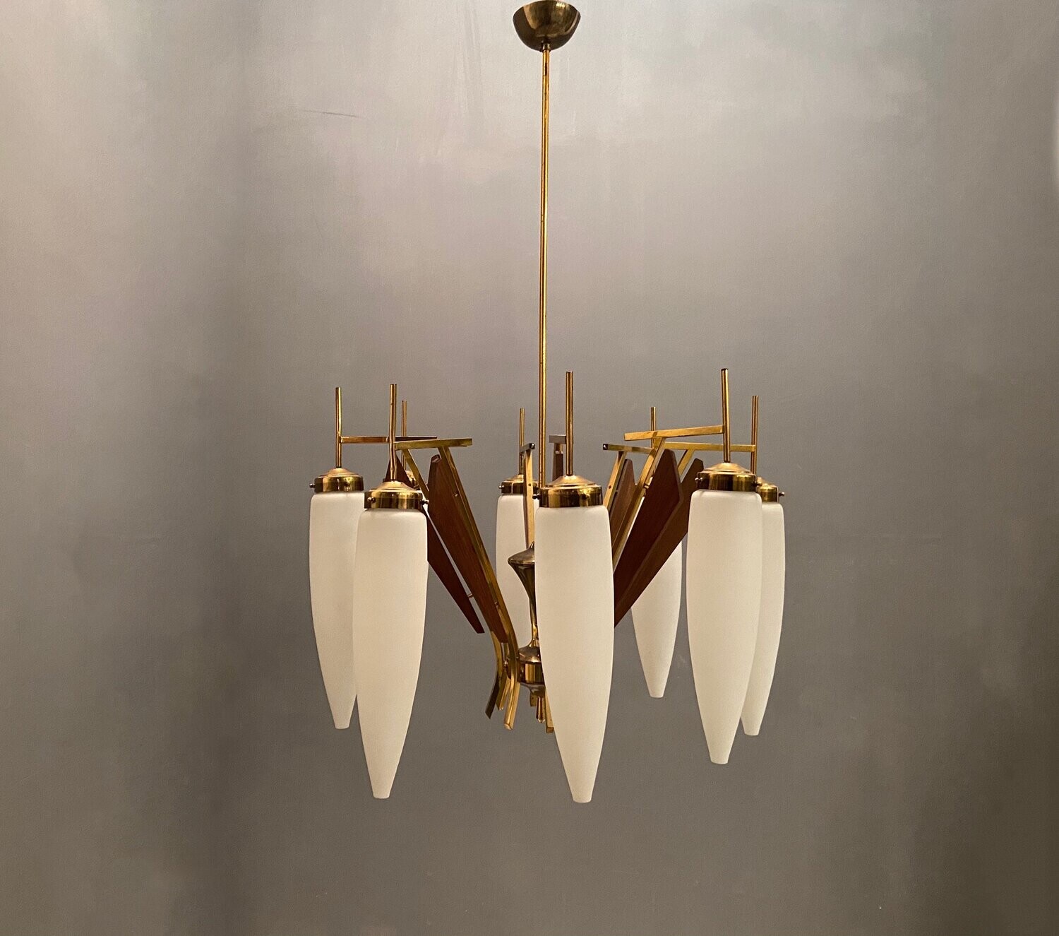 Large Opaline Glass Chandelier from Stilnovo, 1950s