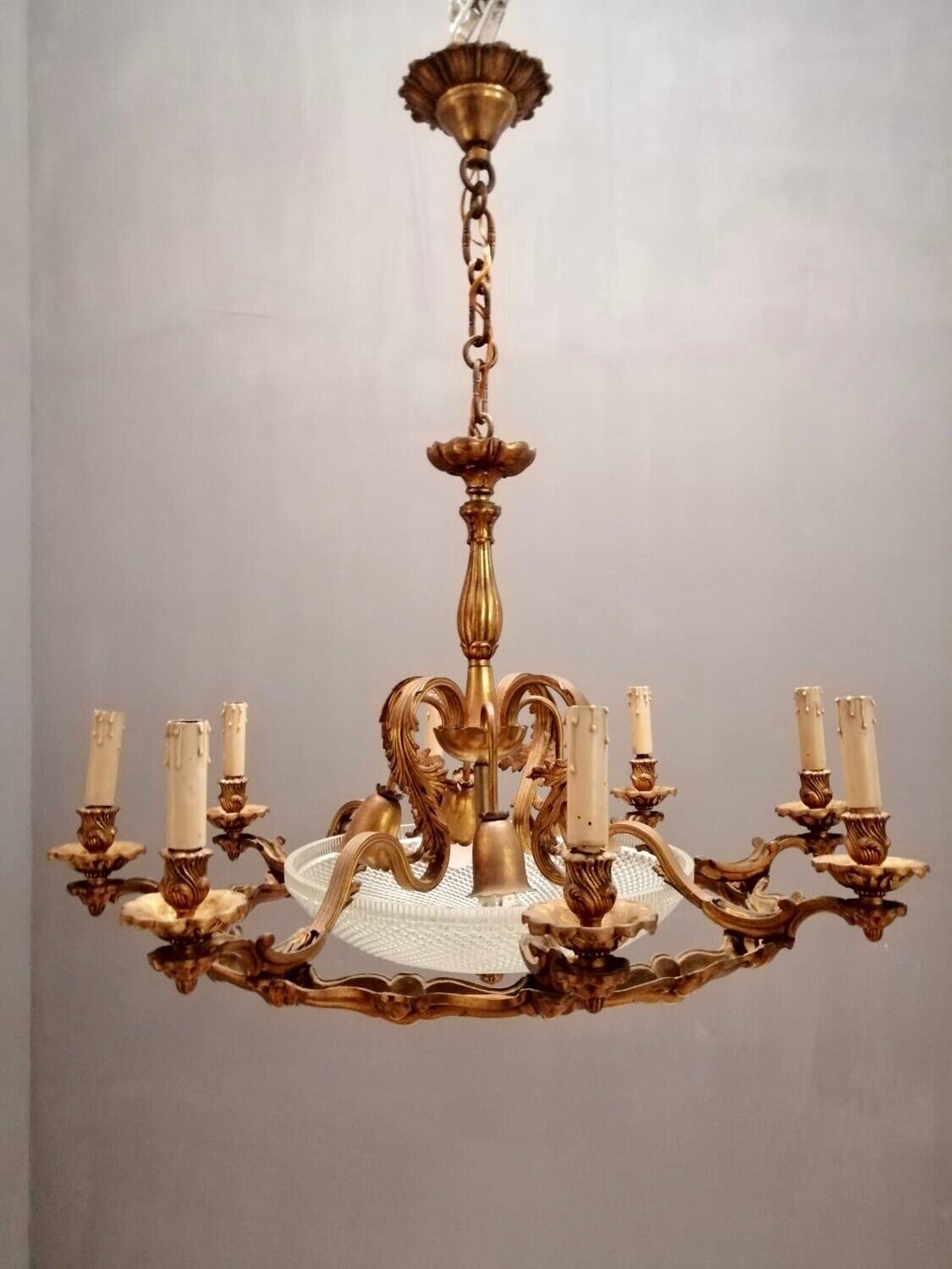 Large Art Deco Bronze 12-Light Chandelier, 1940s