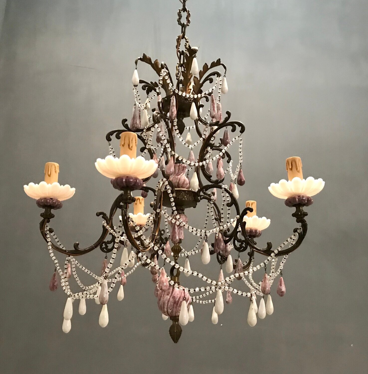 Agate Stone and Crystal Beaded Chandelier, 1940s