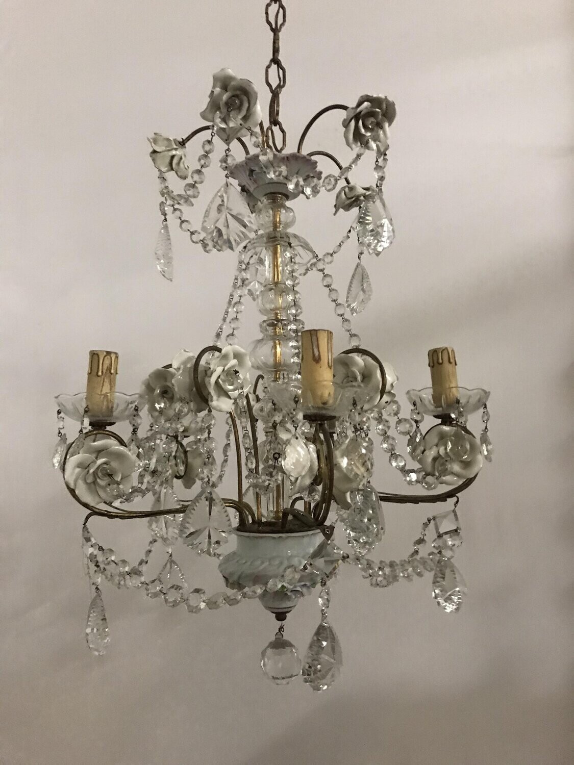 Vintage Crystal &amp; Porcelain Chandelier