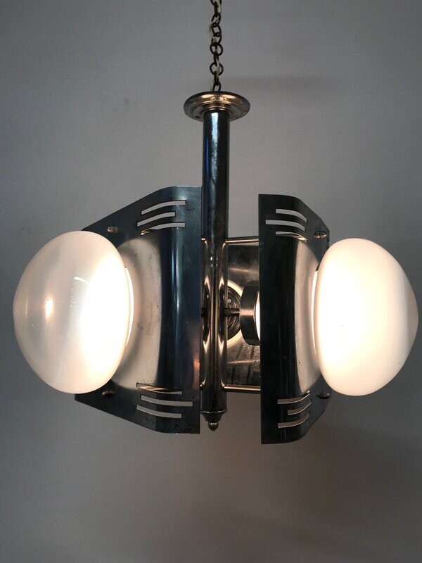 Mid-Century Italian Chandelier in Chrome &amp; Opaline Glass