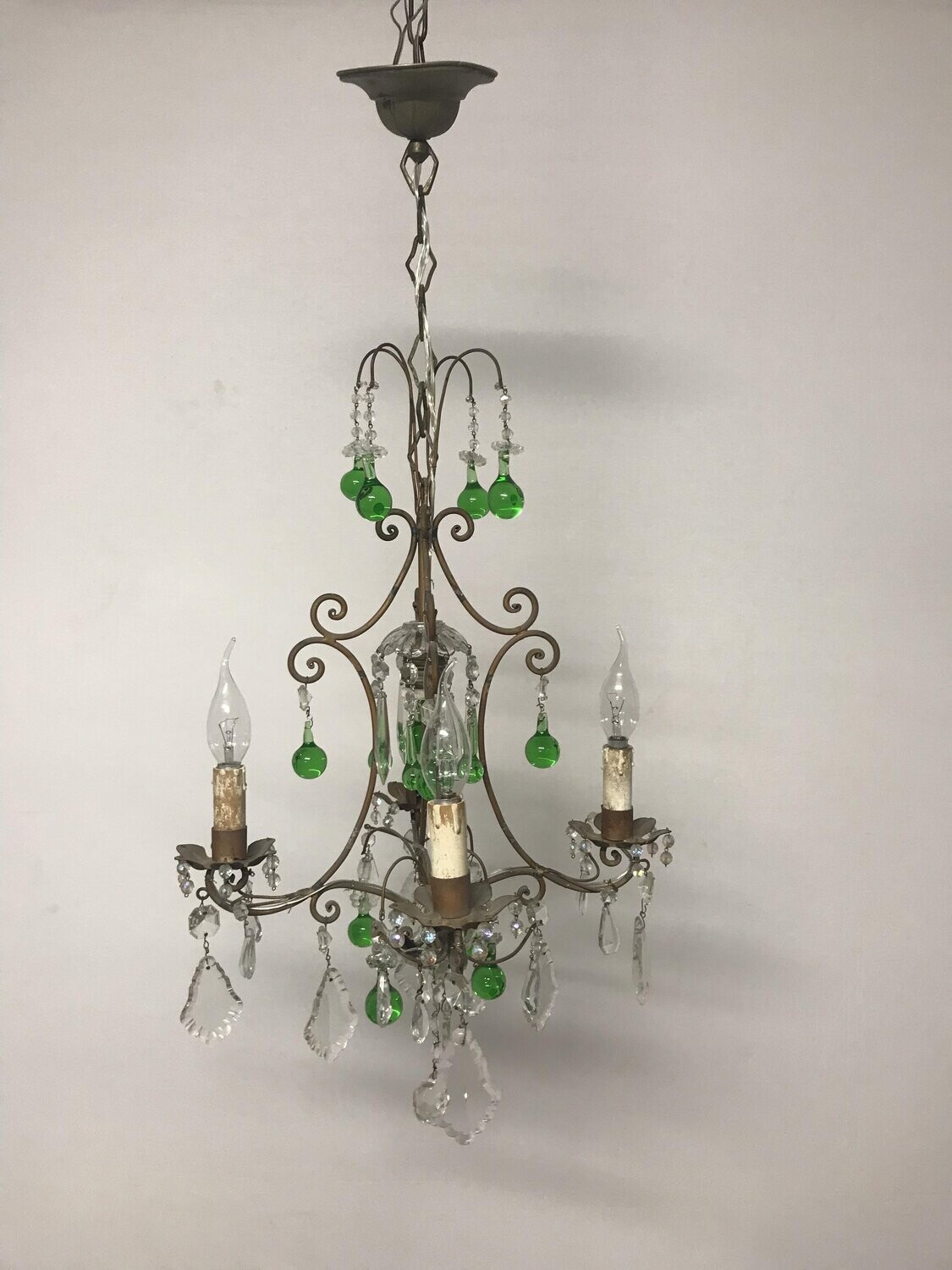 Vintage Italian Crystal Chandelier with Green Murano Glass Drops