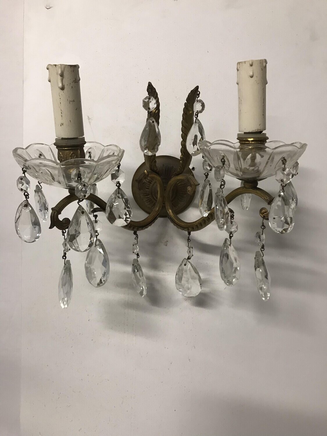 Vintage Italian Bronze &amp; Crystal Sconces, Set of 2