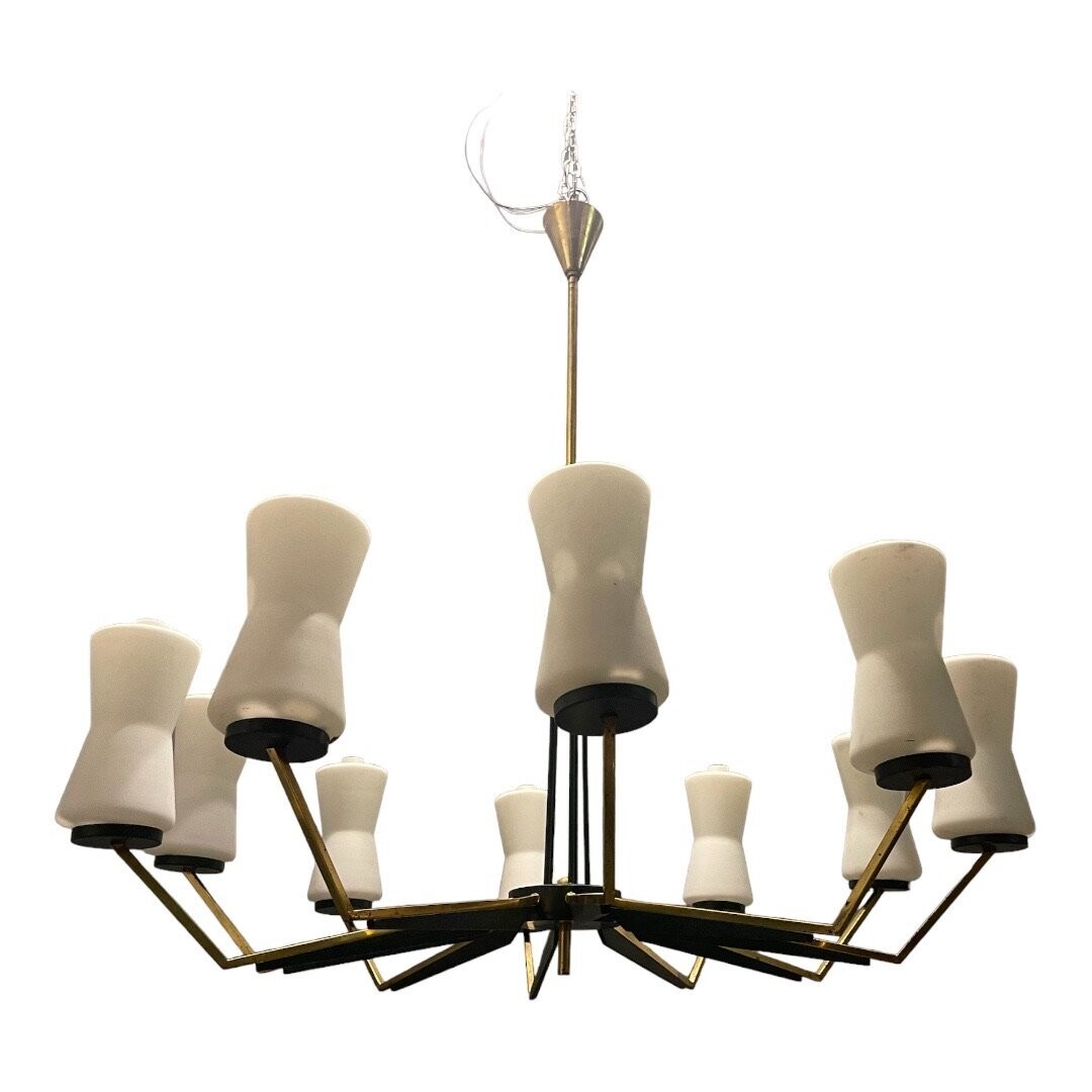 Large Brass &amp; Opaline Glass Chandelier from Stilnovo, 1950s