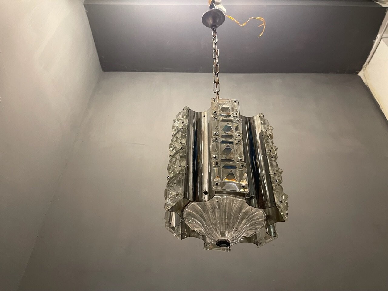 Cut Crystal &amp; Chrome Pendant Light, 1970s
