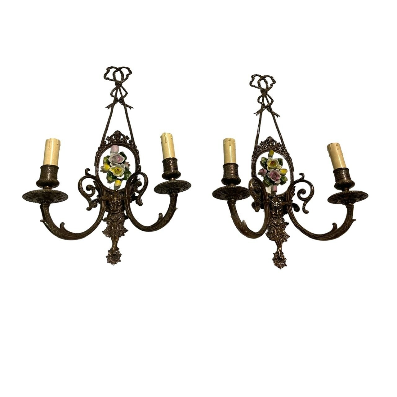Vintage Bronze Porcelain Capodimonte Sconces Set of 2