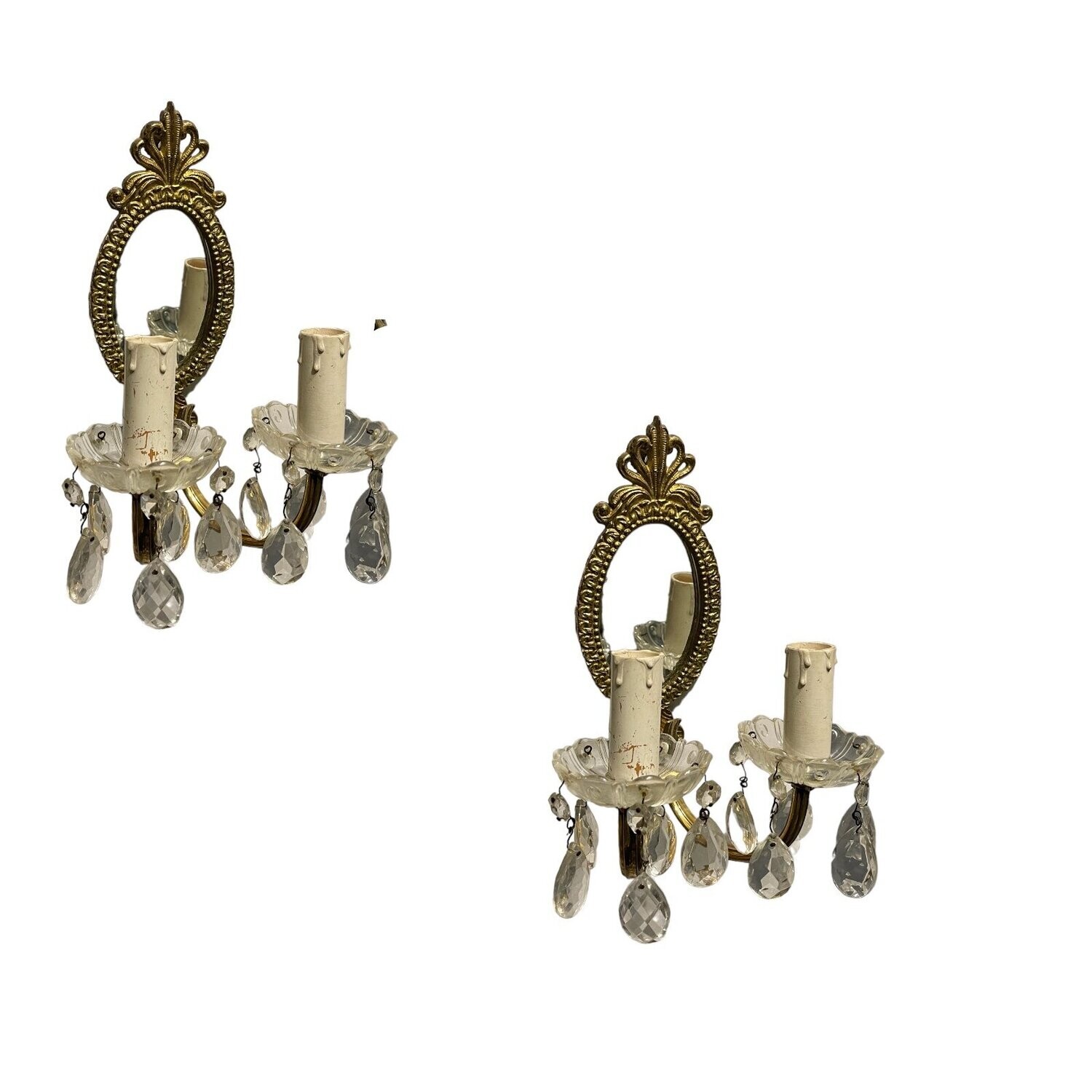 Vintage Bronze Mirrored Crystal Sconces Set of 2