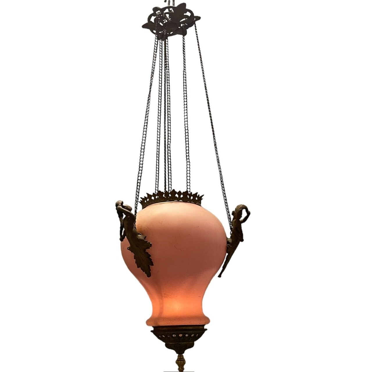 Antique Pink Opaline Glass Bronze Candle Holder