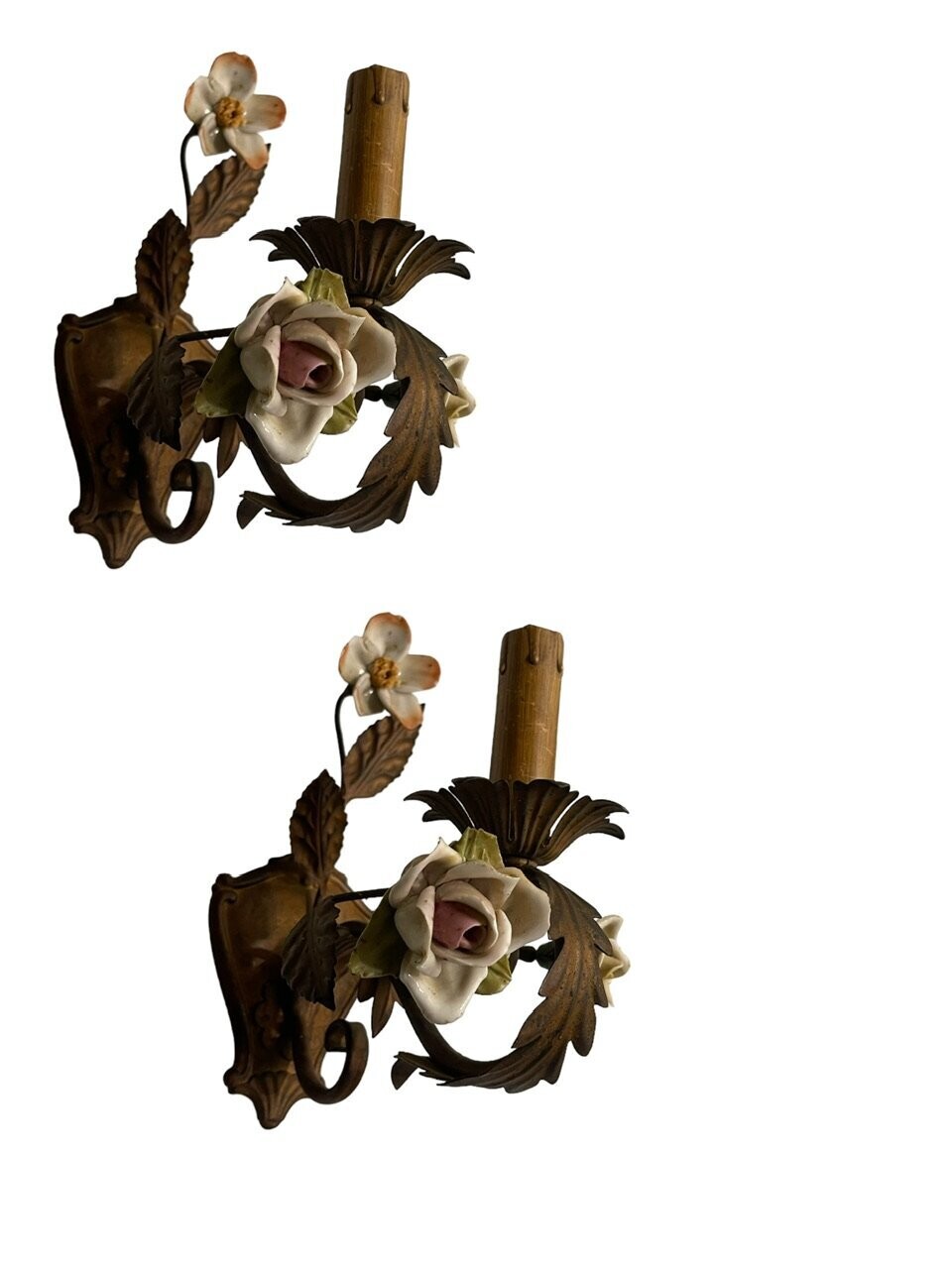 Tole Porcelain Flower Sconces Set of 2