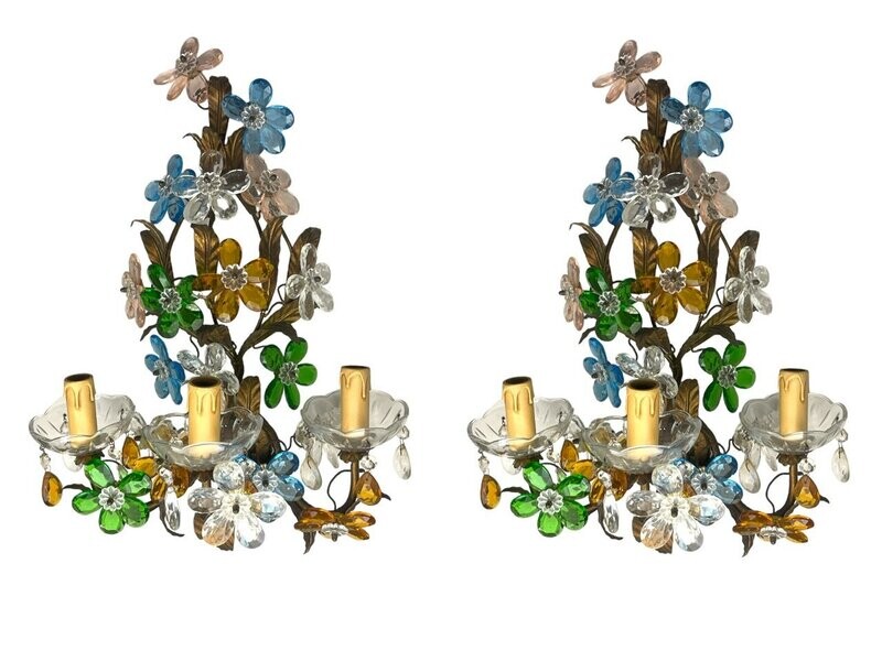 Large Murano Glass Flower Tole Sconces Set of 2