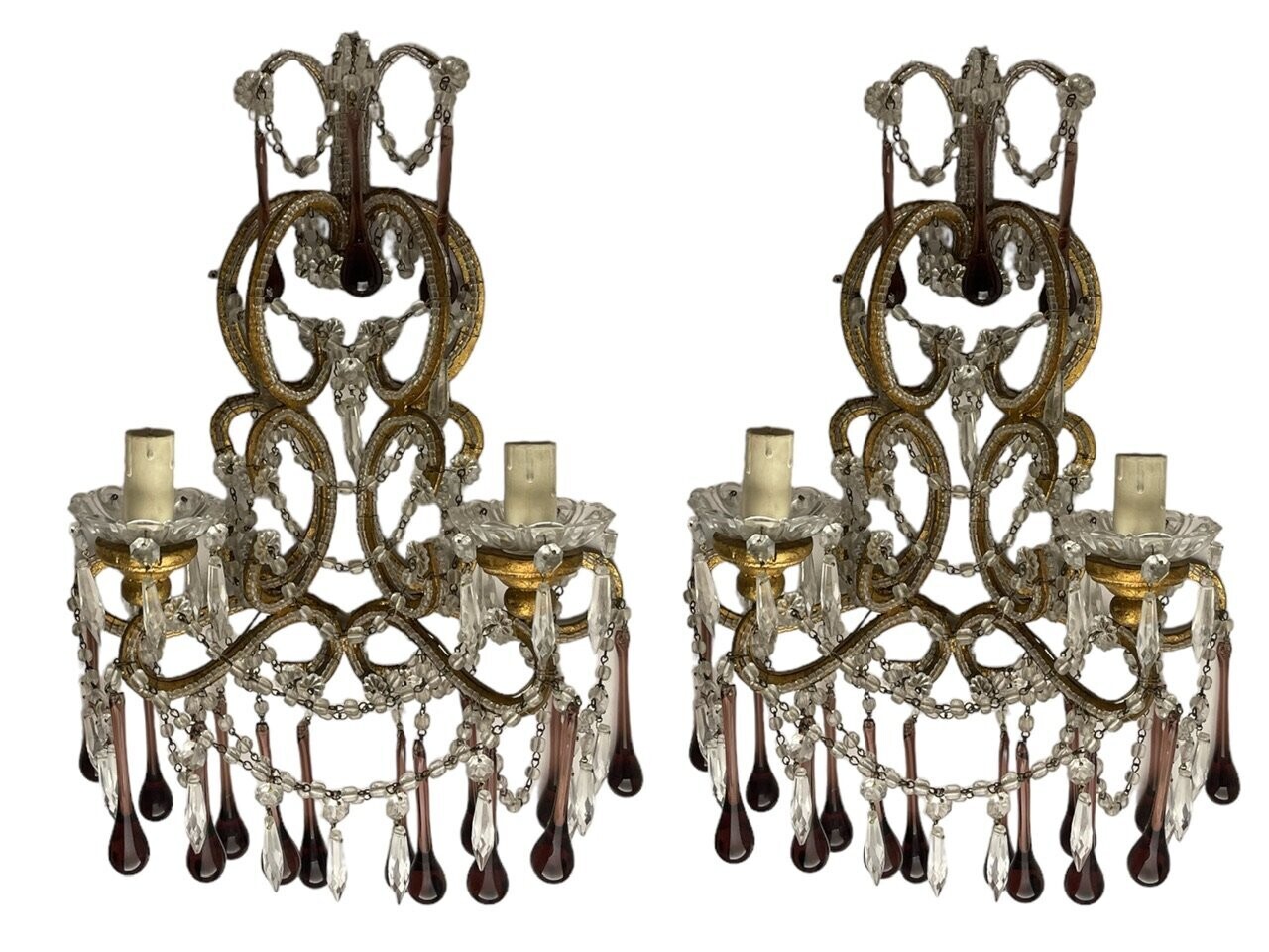 Large Crystal Beaded Macaroni Murano Glass Sconces 1950’s