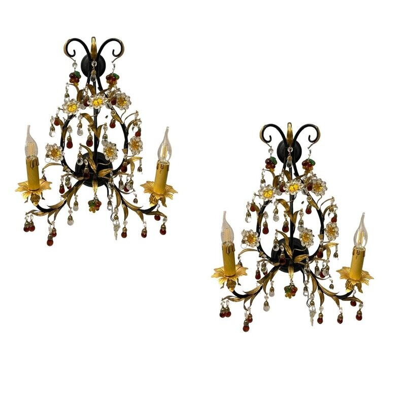 Large Gold Gilded Murano Glass Sconces Set of 2