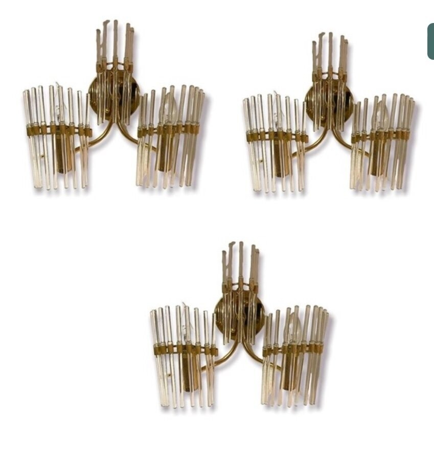 Murano Glass Rod &amp; Brass Sconces, 1970s, Set of 3