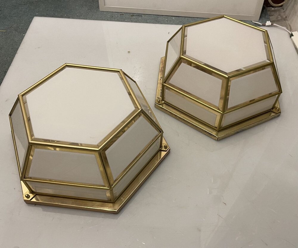 Hexagonal Brass Glass Sconces, 1980s, Set of 2