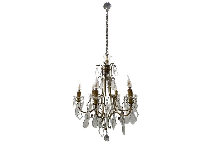 Large Brass and Crystal Chandelier, 1950s