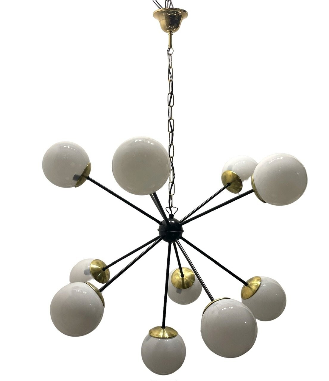Large Black Metal, Brass &amp; Opaline Glass Sputnik Chandelier, 1990s