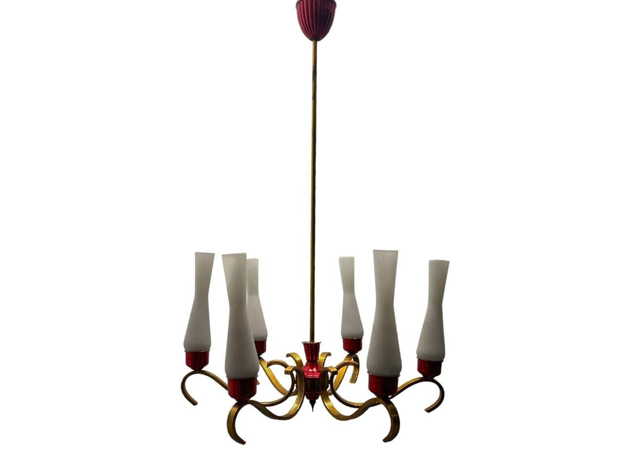 Vintage Red Brass Opaline Glass Chandelier, 1950s