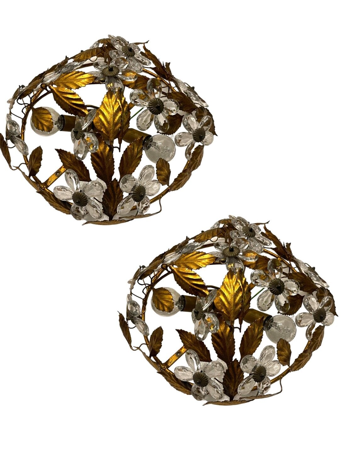 Florentine Gold Gilded Murano Flower Tole Sconces, 1960s, Set of 2