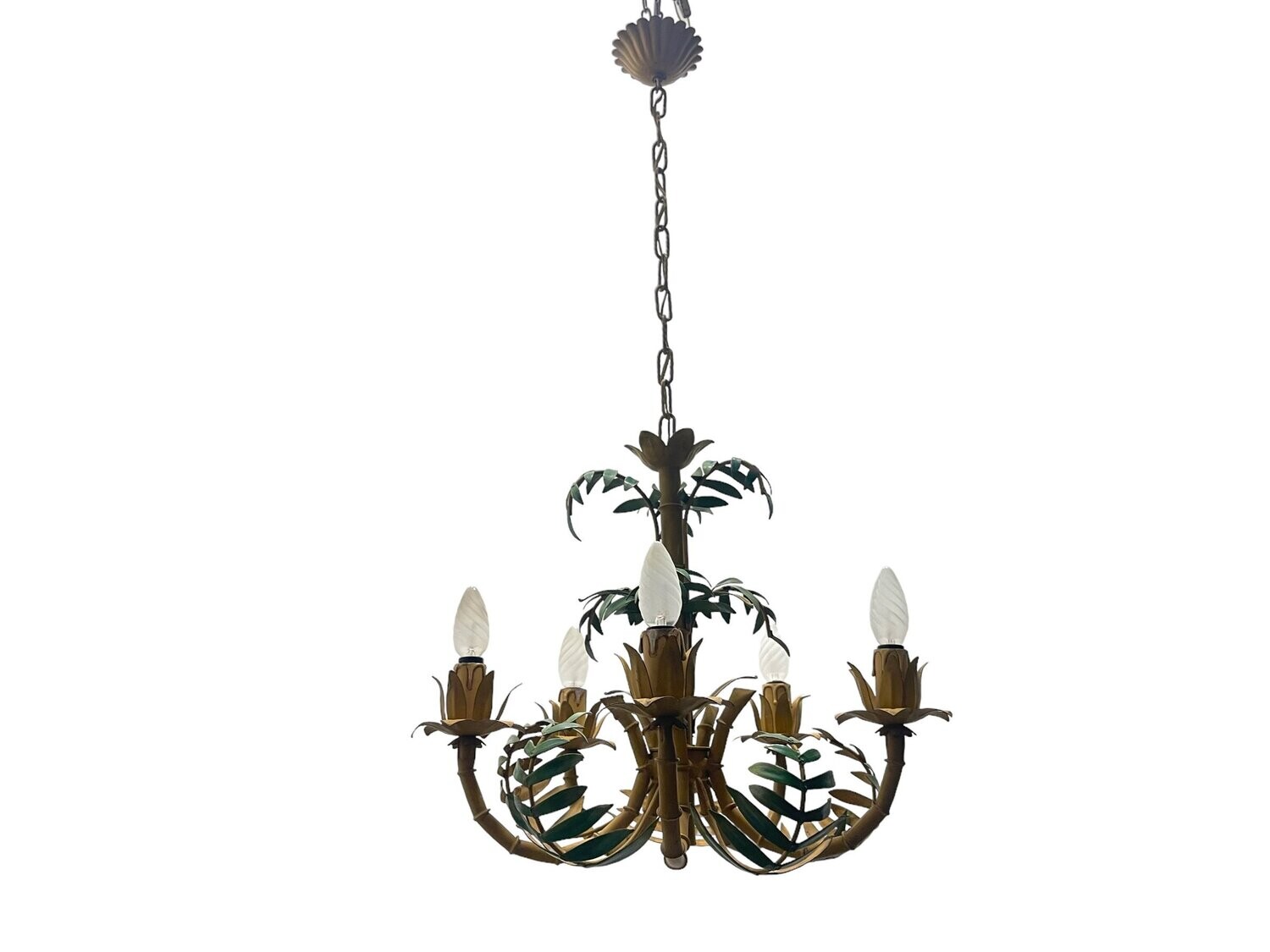 Faux Bamboo Tole Palm Tree Chandelier, France, 1950s