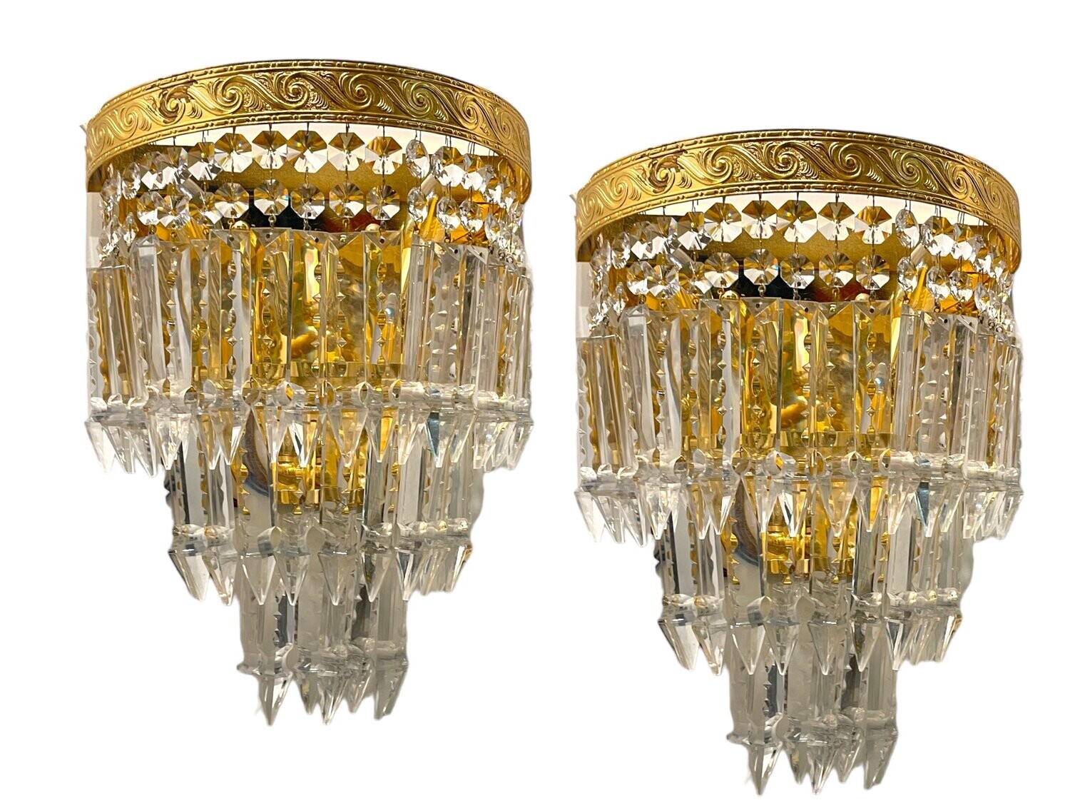 Large Brass Crystal Sconces, 1980s, Set of 2