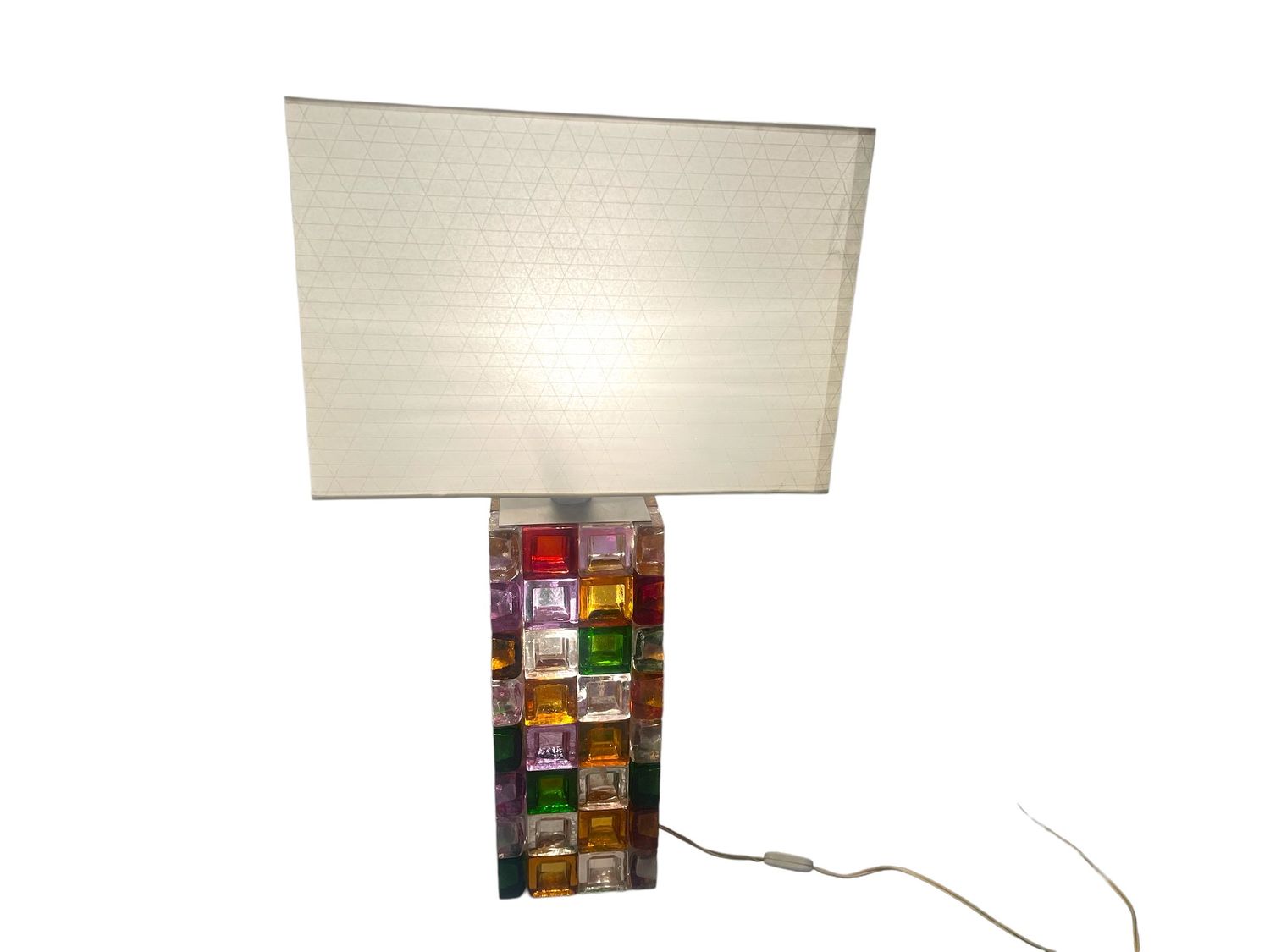 Multicolored Cube Pressed Glass and Stainless Steel Table Lamp attributed to Poliarte, Italy, 1970