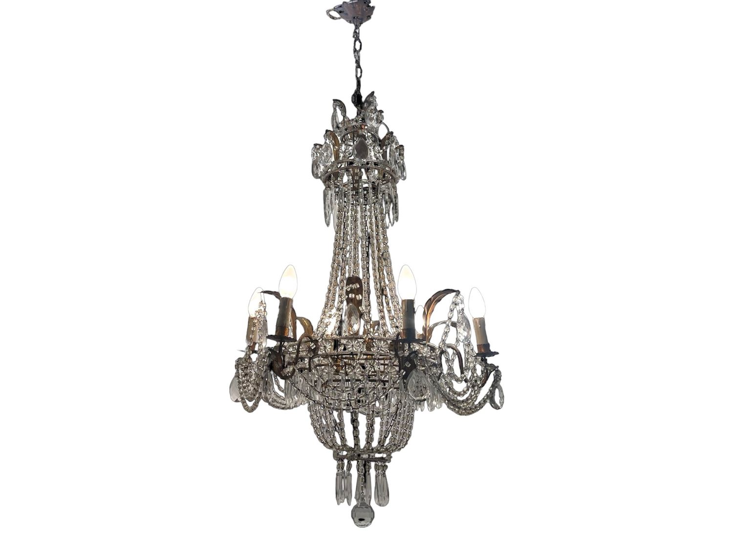 Large Vintage Tole Florentine Italian Macaroni Crystal Chandelier 1940’s